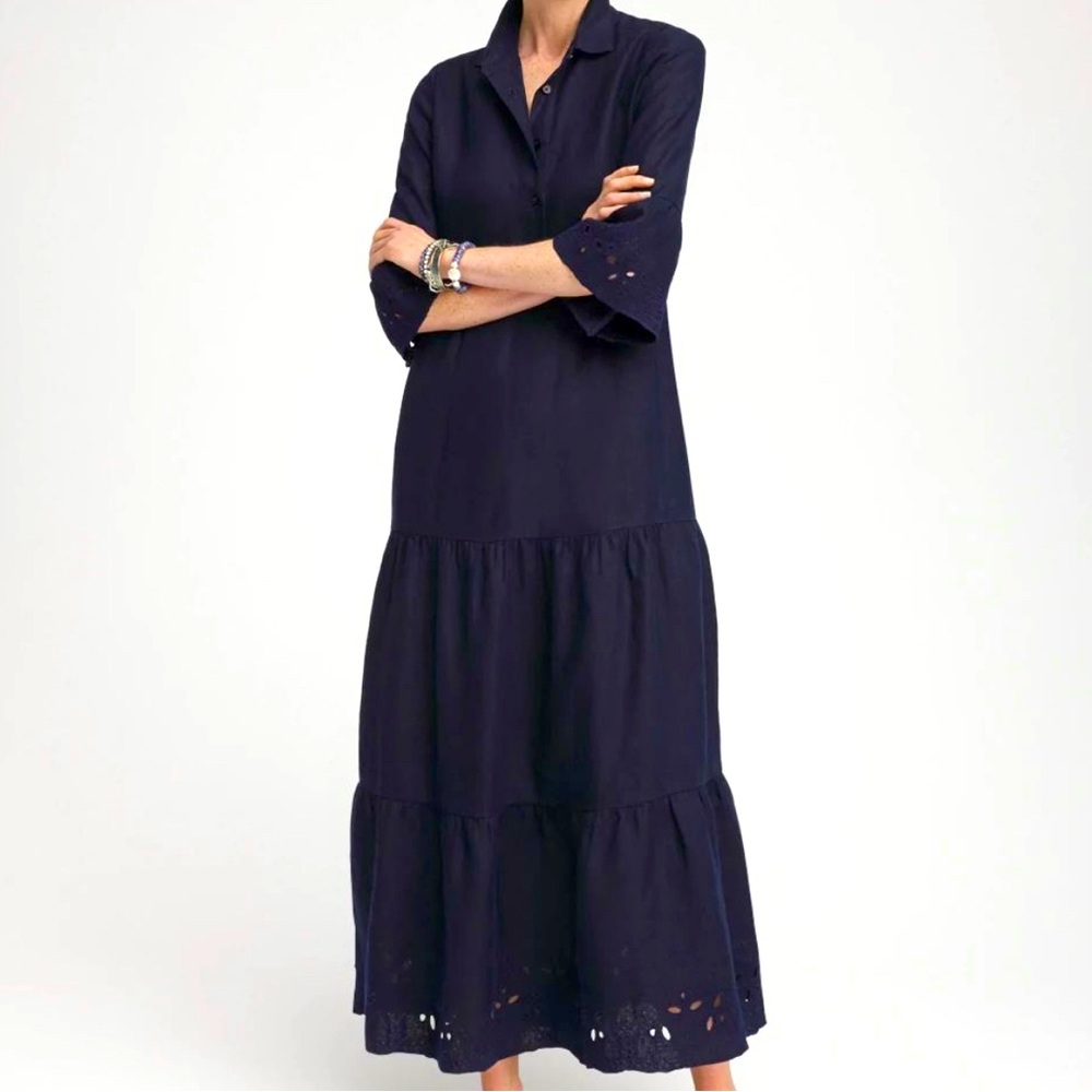 Chico’s Navy Linen Embroidered midi Dress